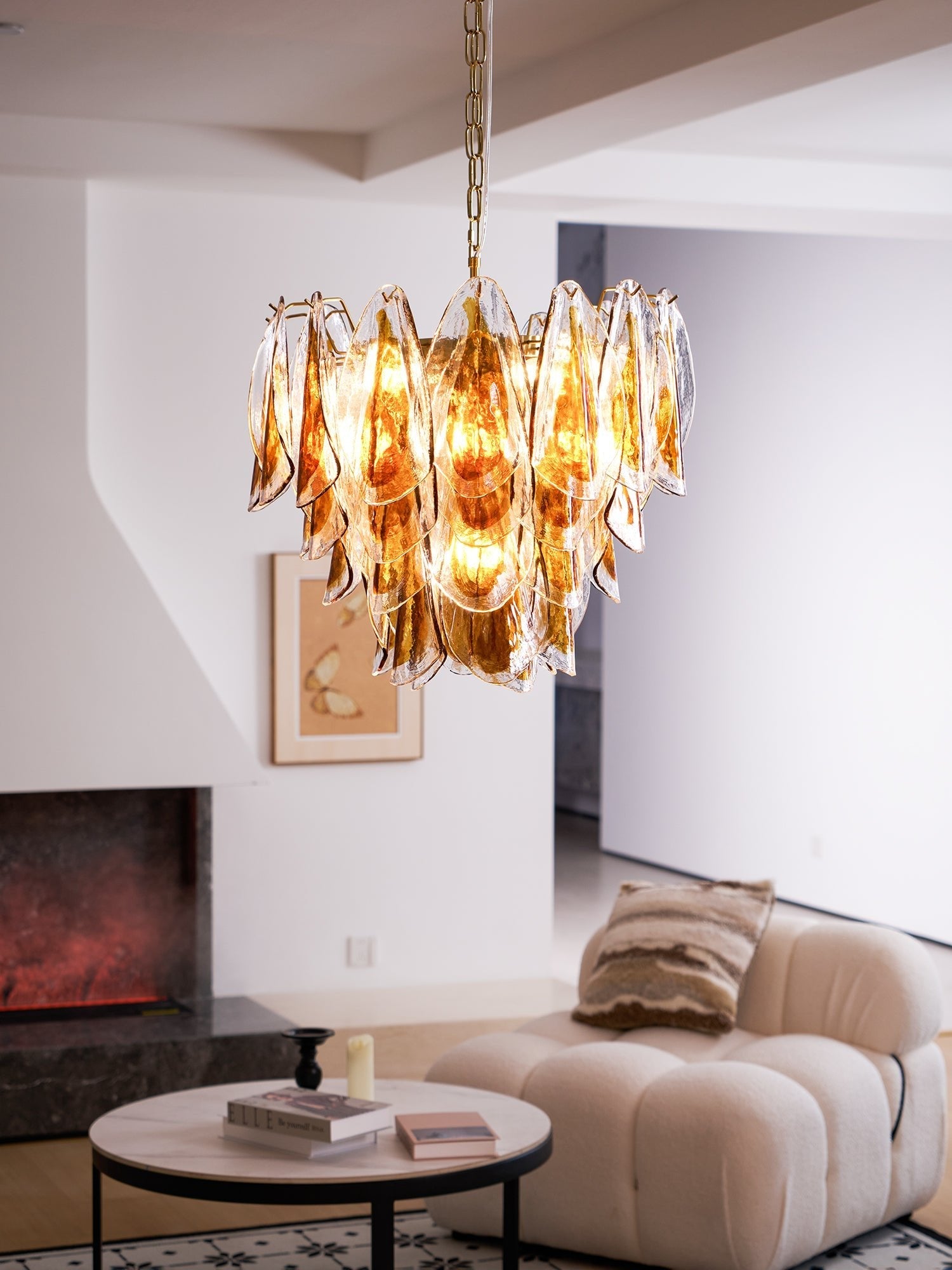 Aurora Chandelier Amber Leaf Glass Layered Organic Warmth - Blowlighting