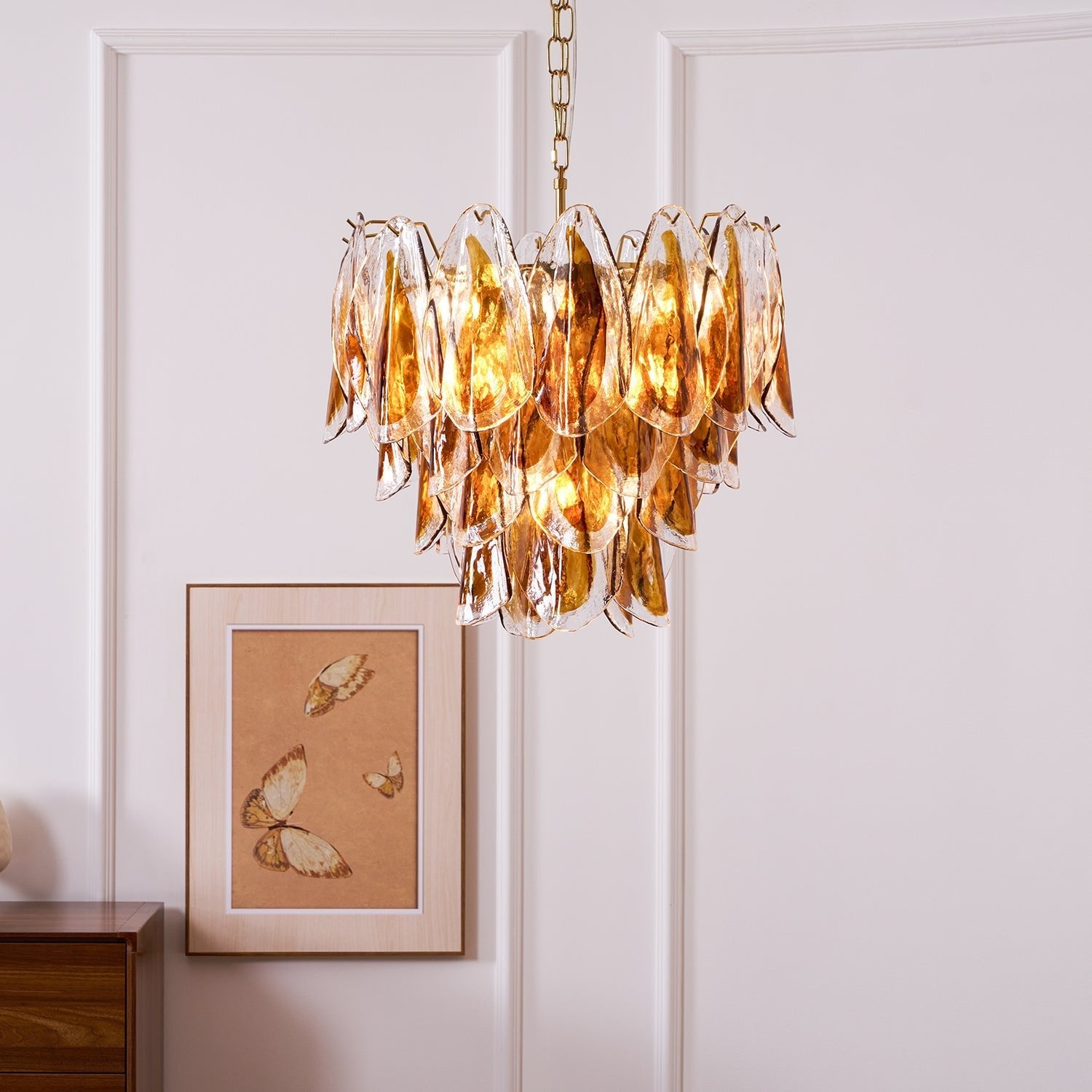 Aurora Chandelier Amber Leaf Glass Layered Organic Warmth - Blowlighting
