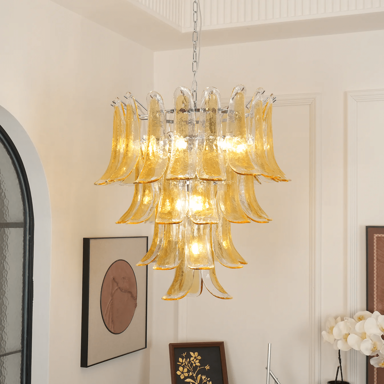Aurora Chandelier Amber Lily Murano Glass Layered Centerpiece - Blowlighting