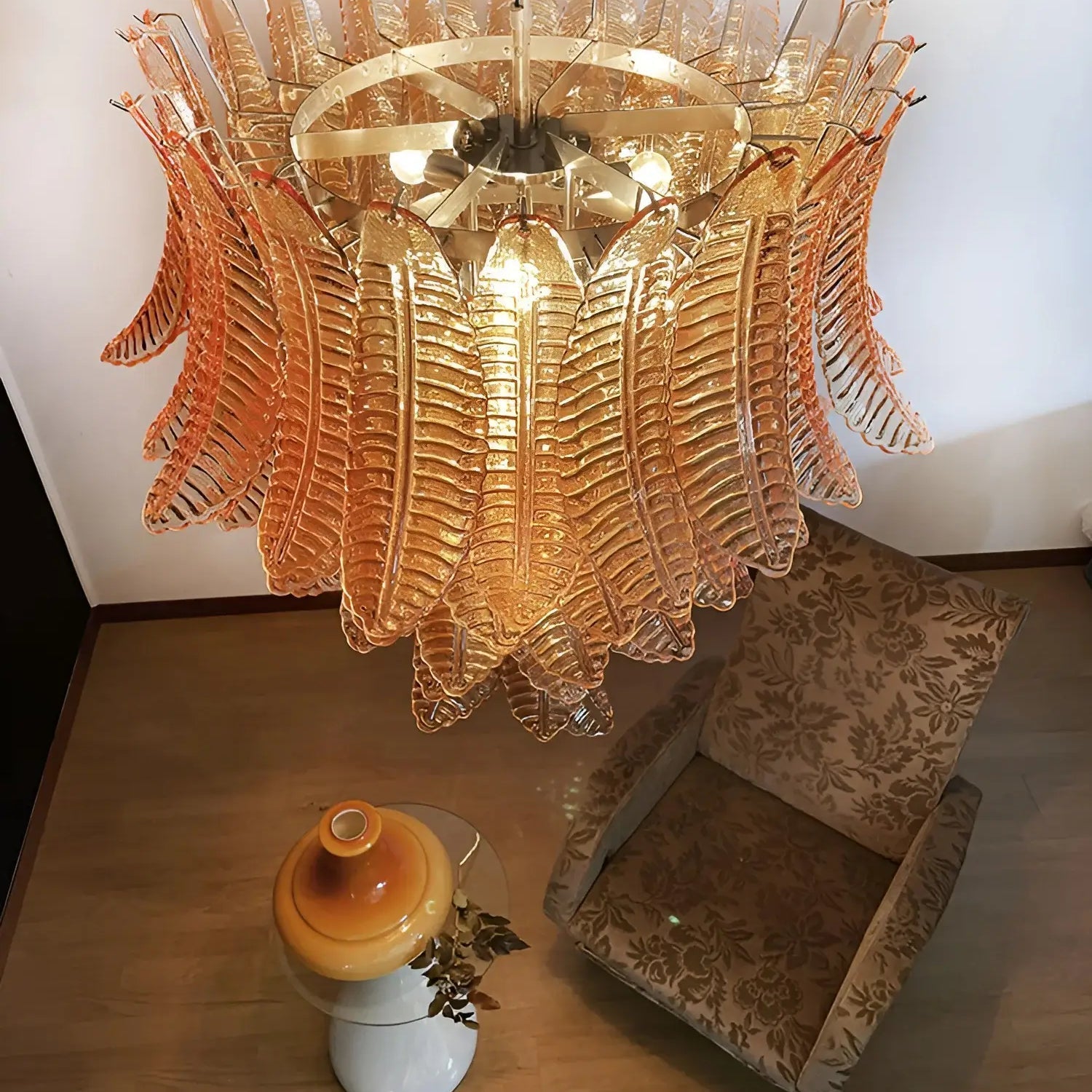 Aurora Chandelier Amber Murano Glass Leaves Layered - Blowlighting
