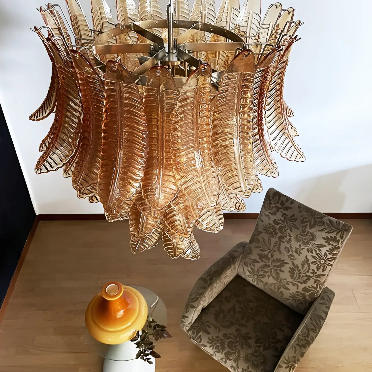 Aurora Chandelier Amber Murano Glass Leaves Layered - Blowlighting