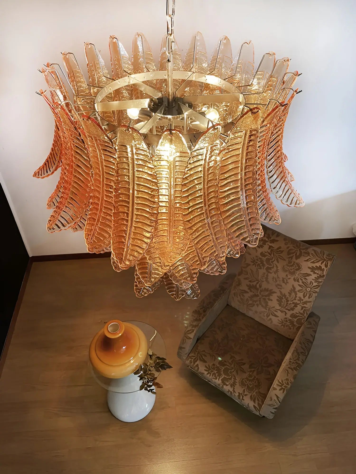 Aurora Chandelier Amber Murano Glass Leaves Layered - Blowlighting