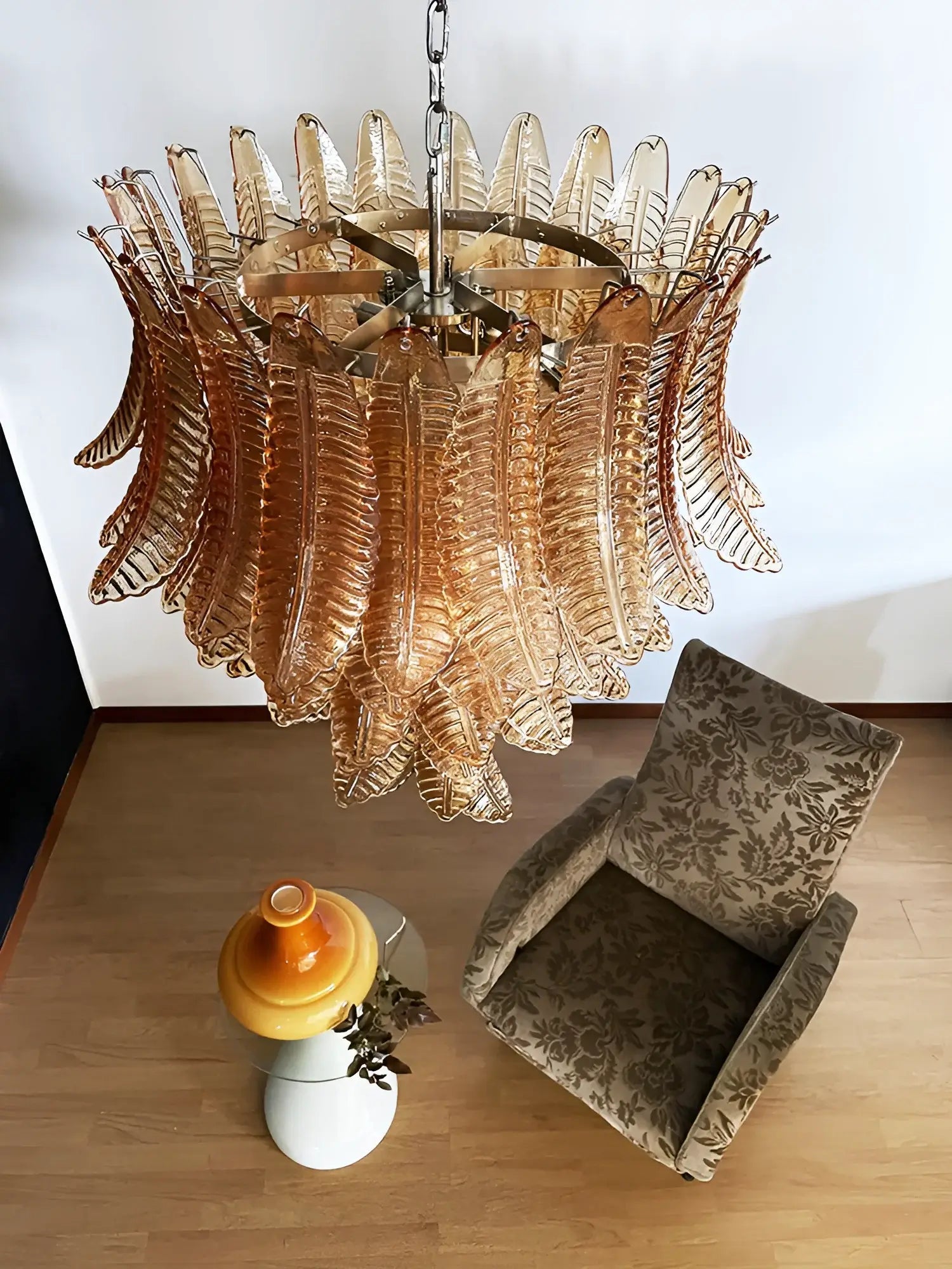 Aurora Chandelier Amber Murano Glass Leaves Layered - Blowlighting