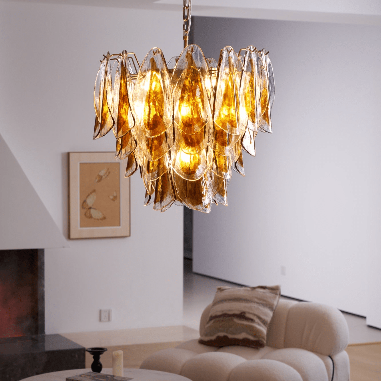 Aurora Chandelier Amber Leaf Glass Layered Organic Warmth - Blowlighting