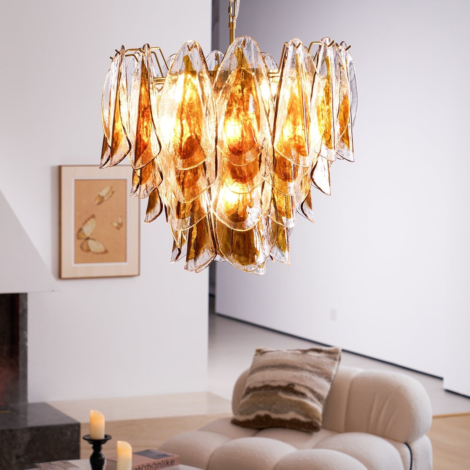 Aurora Chandelier Amber Leaf Glass Layered Organic Warmth - Blowlighting
