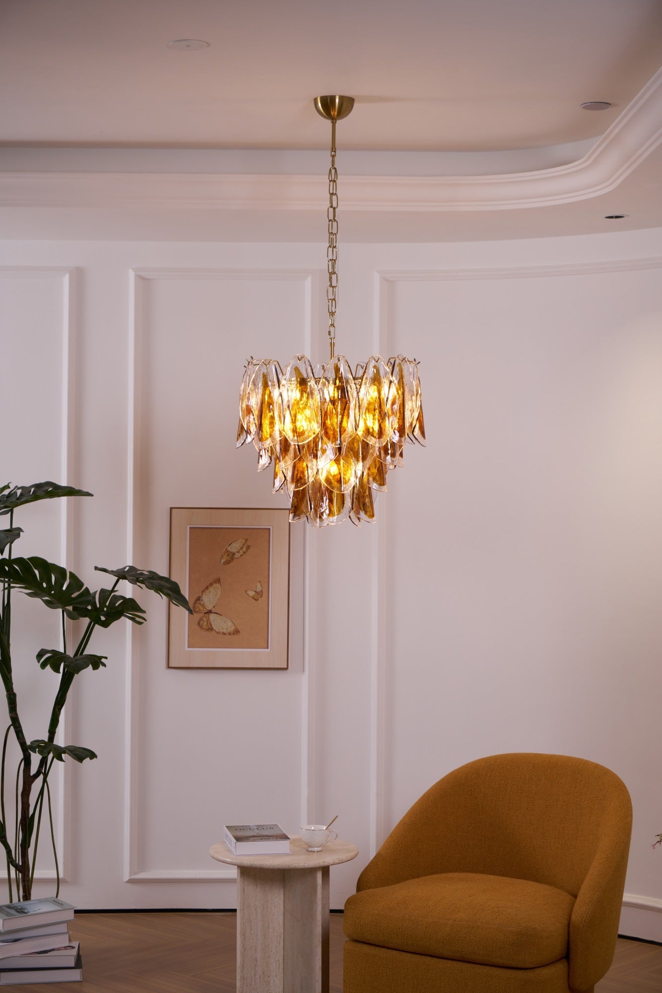 Aurora Chandelier Amber Leaf Glass Layered Organic Warmth - Blowlighting