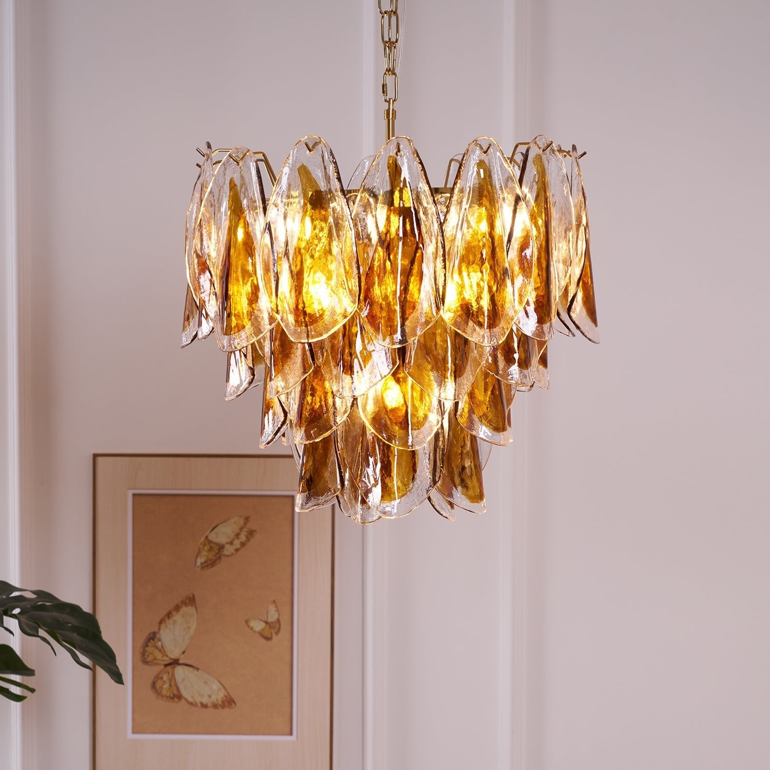 Aurora Chandelier Amber Leaf Glass Layered Organic Warmth - Blowlighting