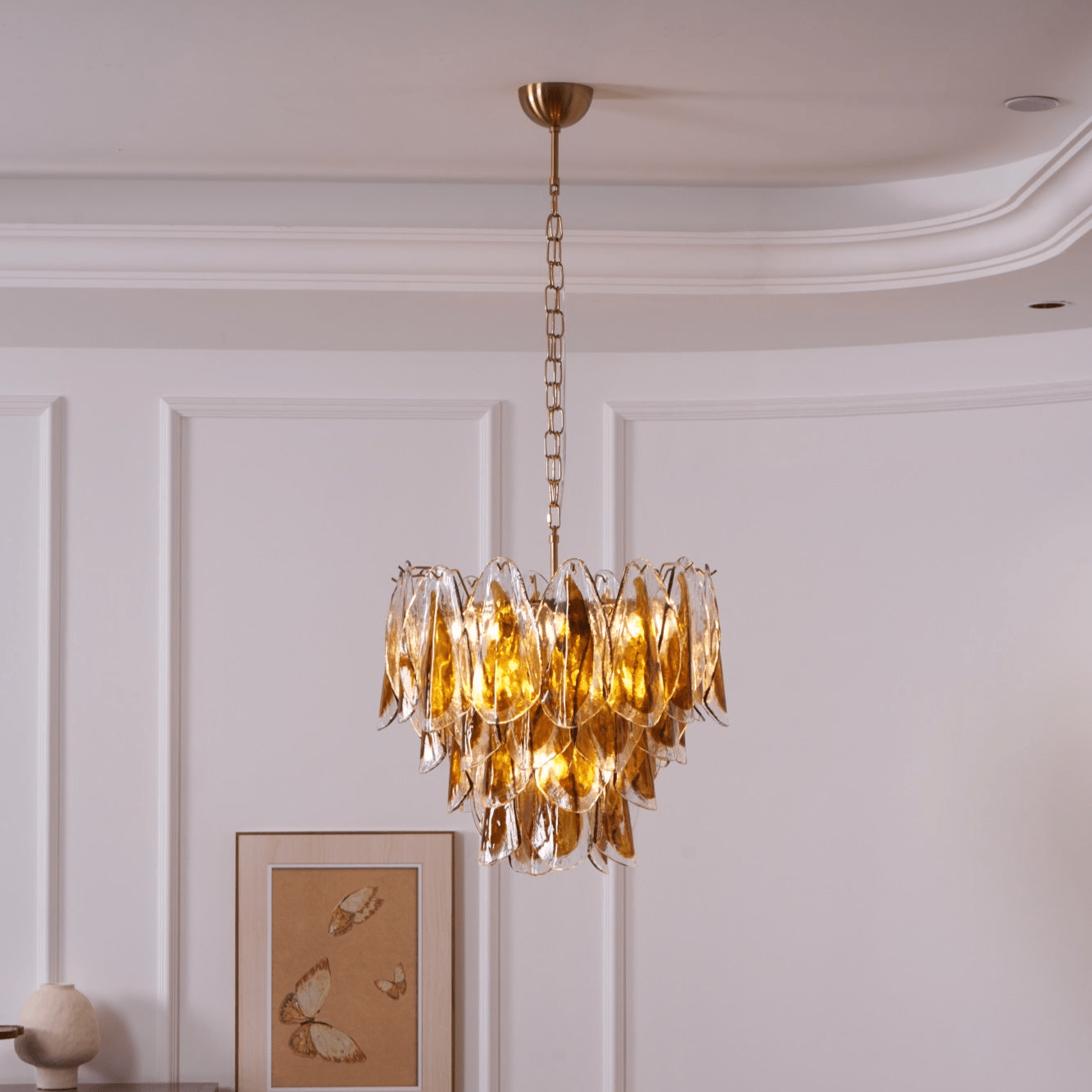 Aurora Chandelier Amber Leaf Glass Layered Organic Warmth - Blowlighting