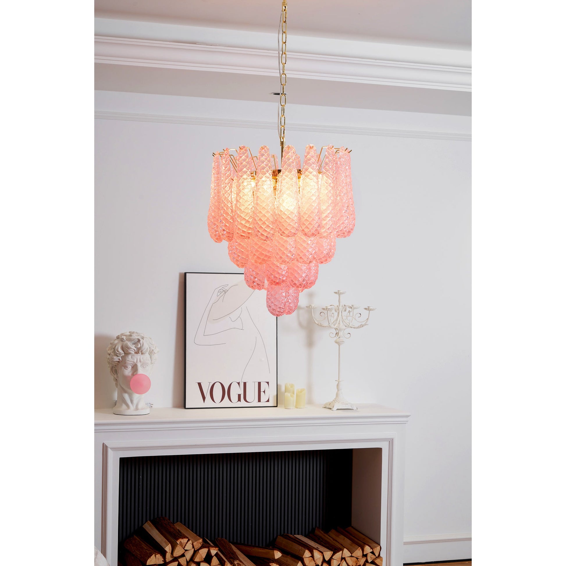 Aurora Chandelier Pink Droplet Murano Glass Diamond Pattern Waterfall - Blowlighting
