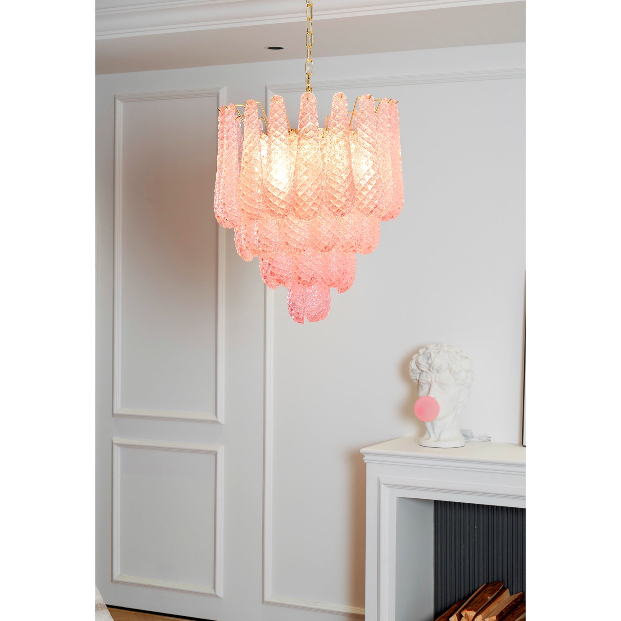Aurora Chandelier Pink Droplet Murano Glass Diamond Pattern Waterfall - Blowlighting