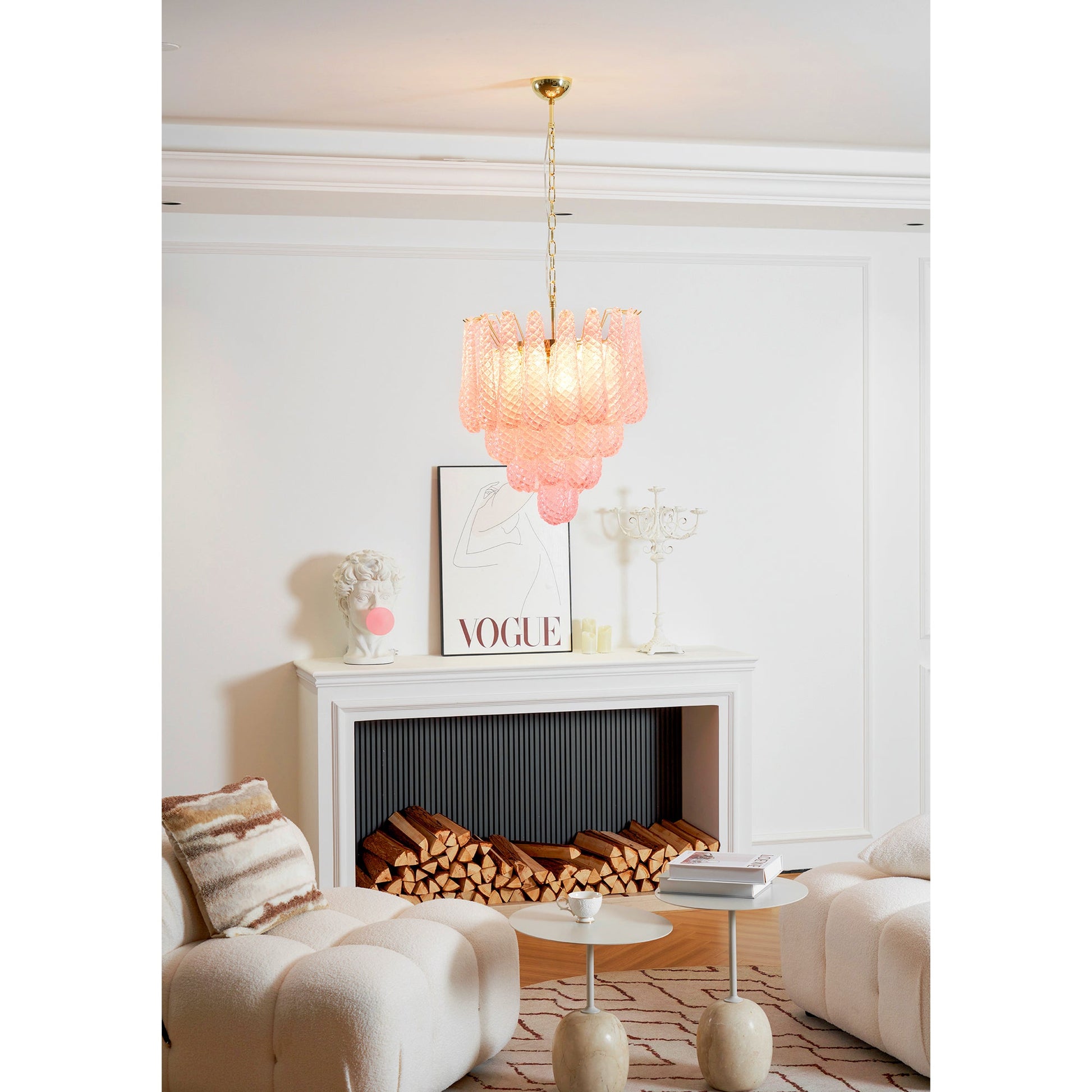 Aurora Chandelier Pink Droplet Murano Glass Diamond Pattern Waterfall - Blowlighting