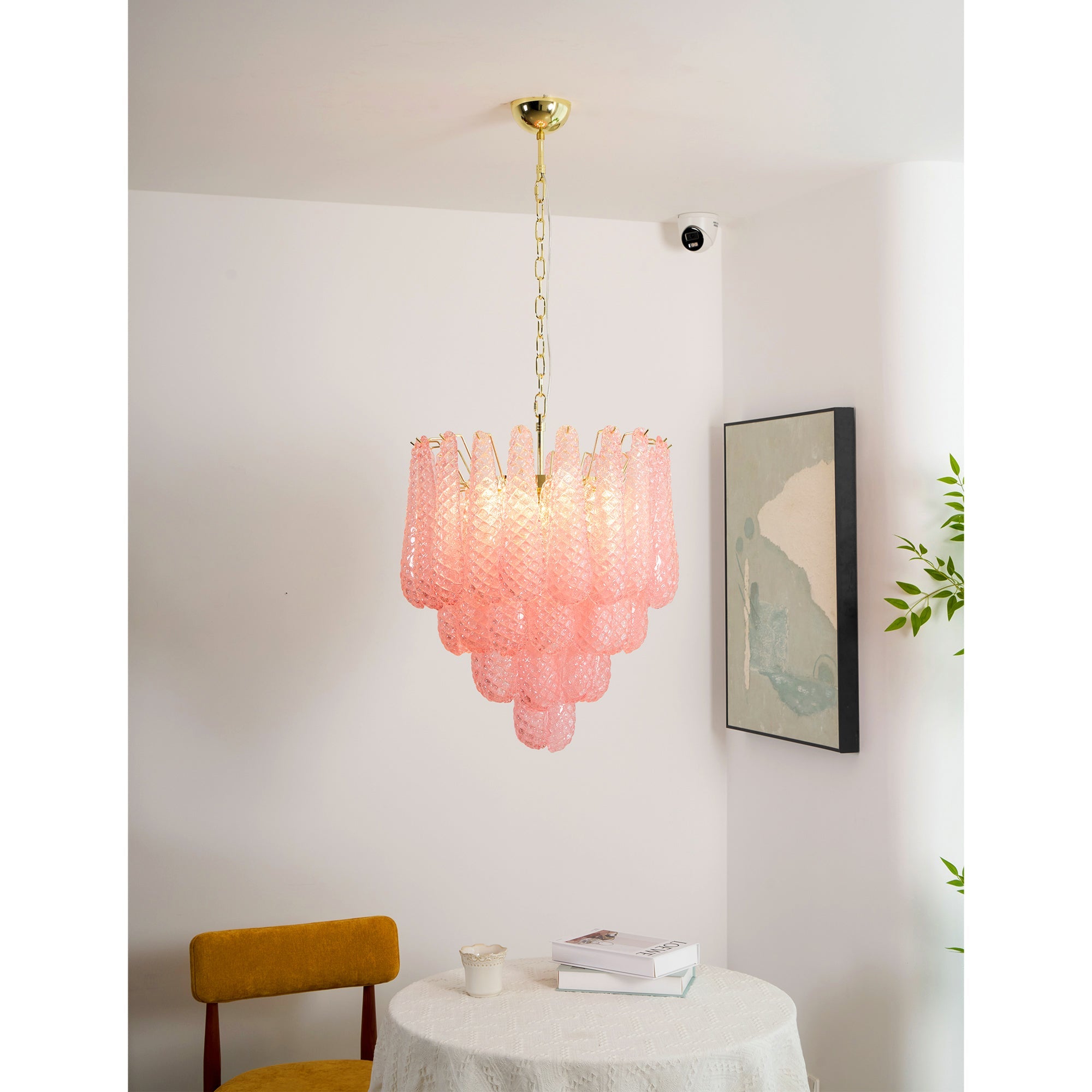 Aurora Chandelier Pink Droplet Murano Glass Diamond Pattern Waterfall - Blowlighting