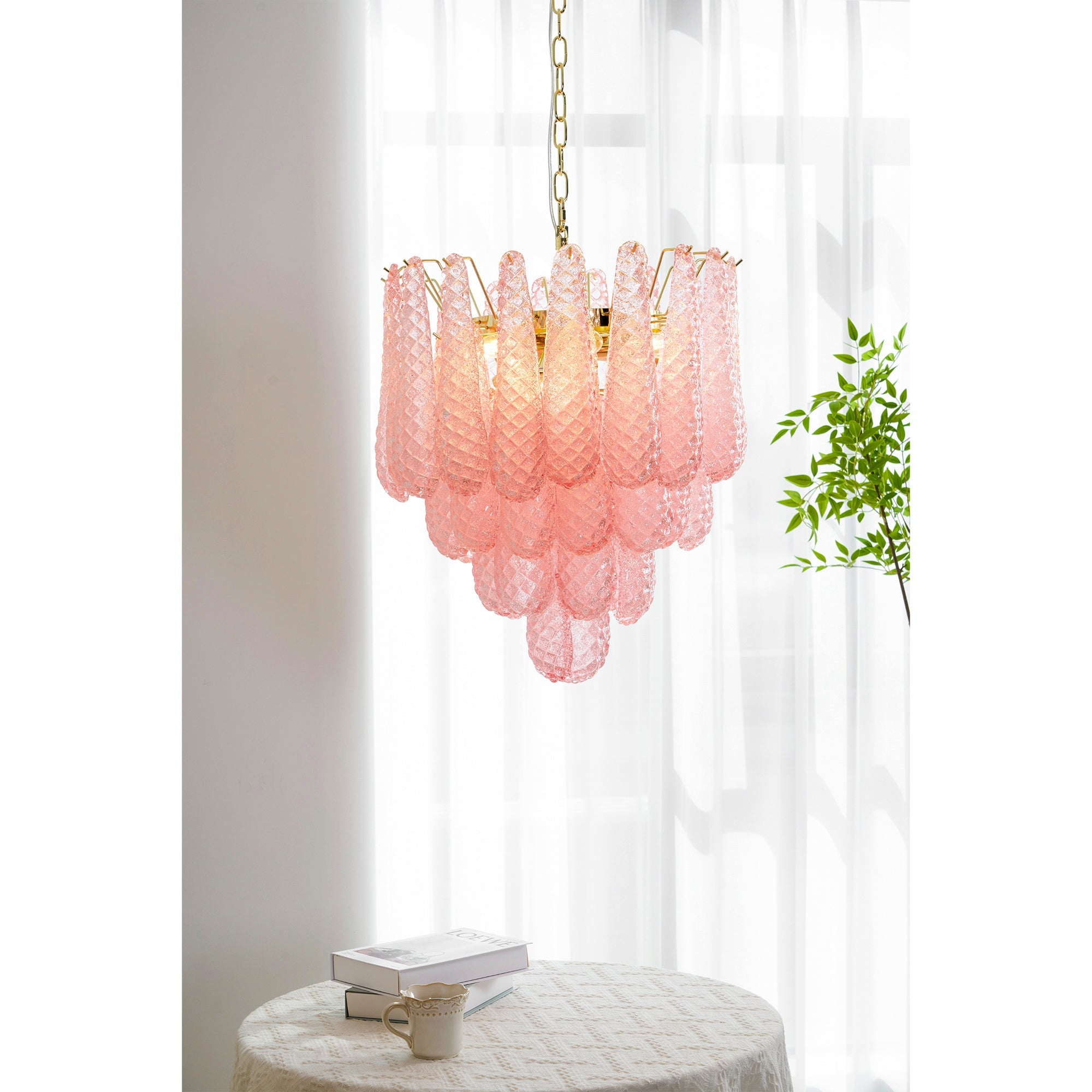 Aurora Chandelier Pink Droplet Murano Glass Diamond Pattern Waterfall - Blowlighting