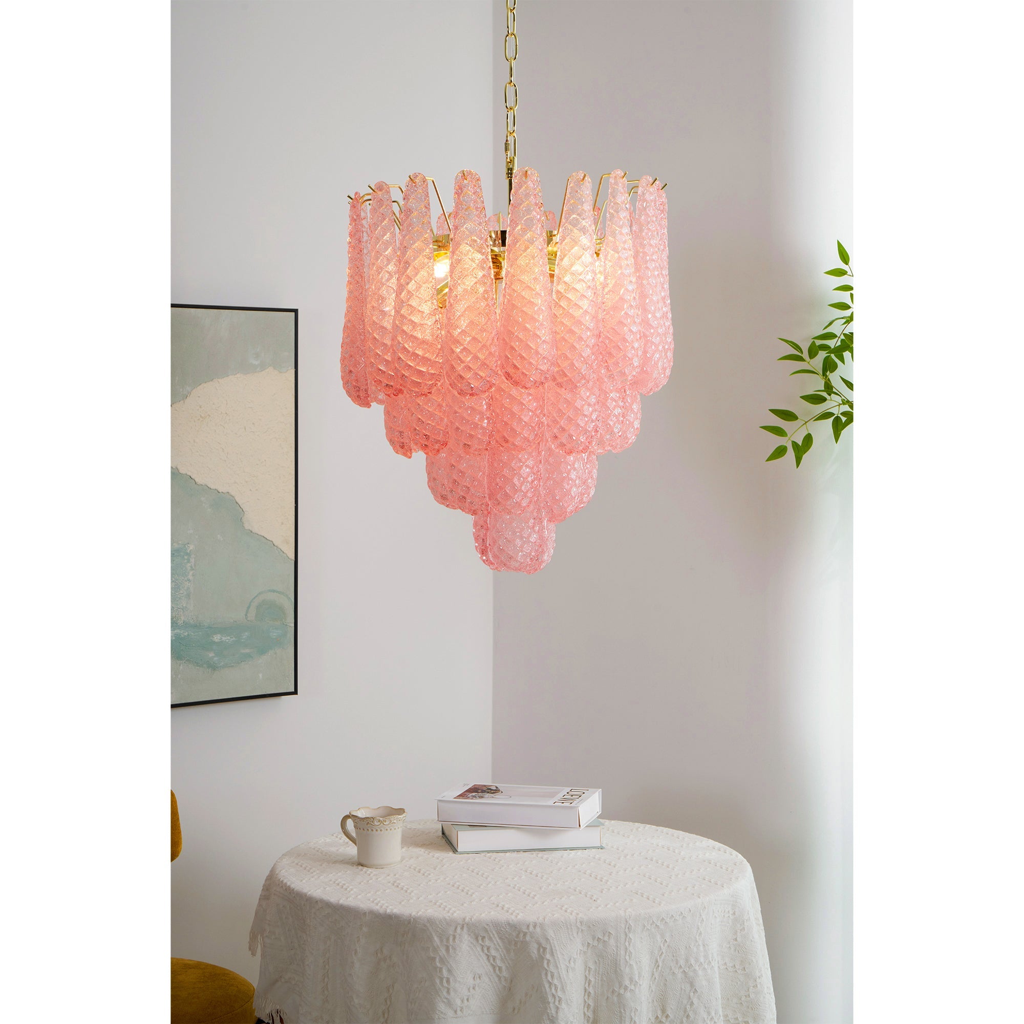 Aurora Chandelier Pink Droplet Murano Glass Diamond Pattern Waterfall - Blowlighting