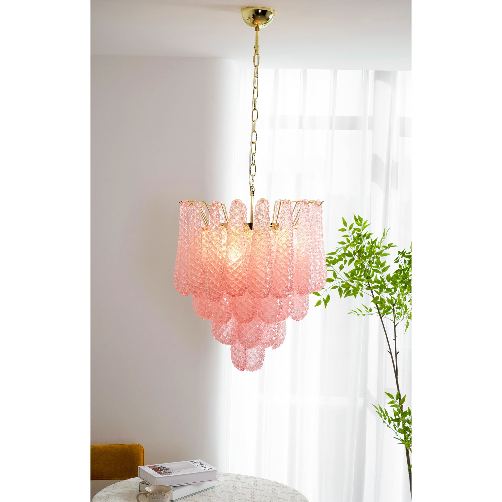 Aurora Chandelier Pink Droplet Murano Glass Diamond Pattern Waterfall - Blowlighting