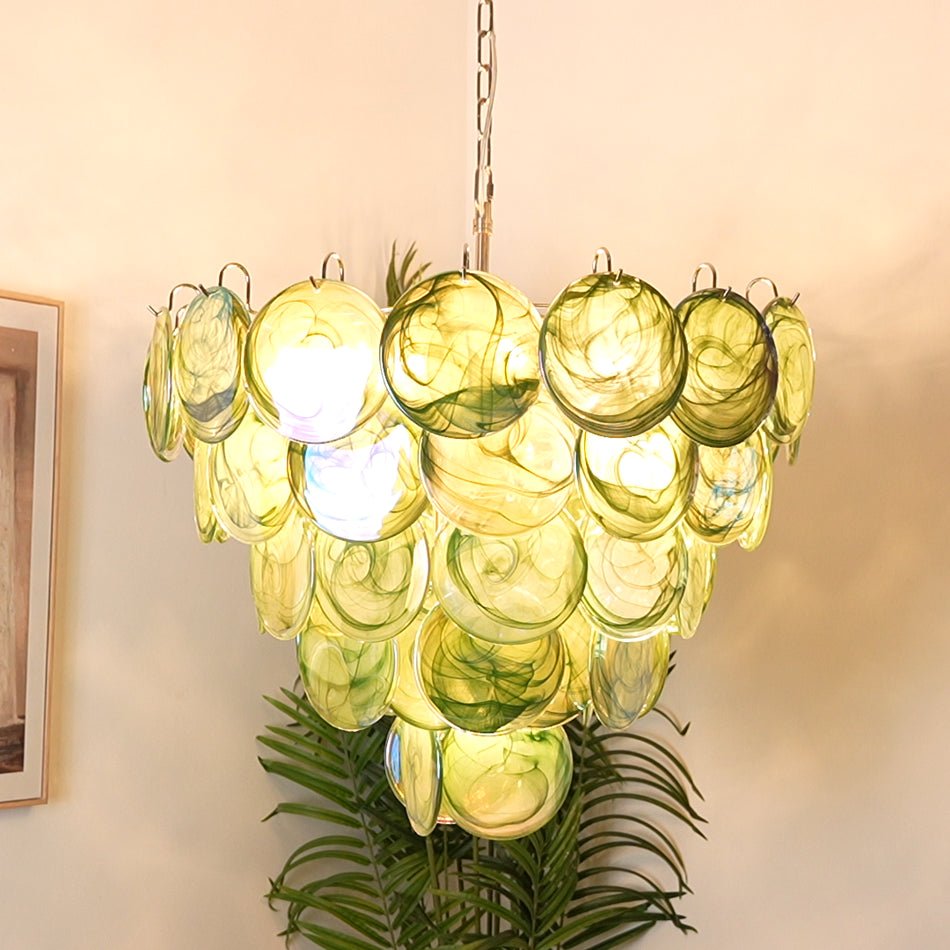 Aurora Chandelier Green Murano Glass Disc Contemporary - Blowlighting