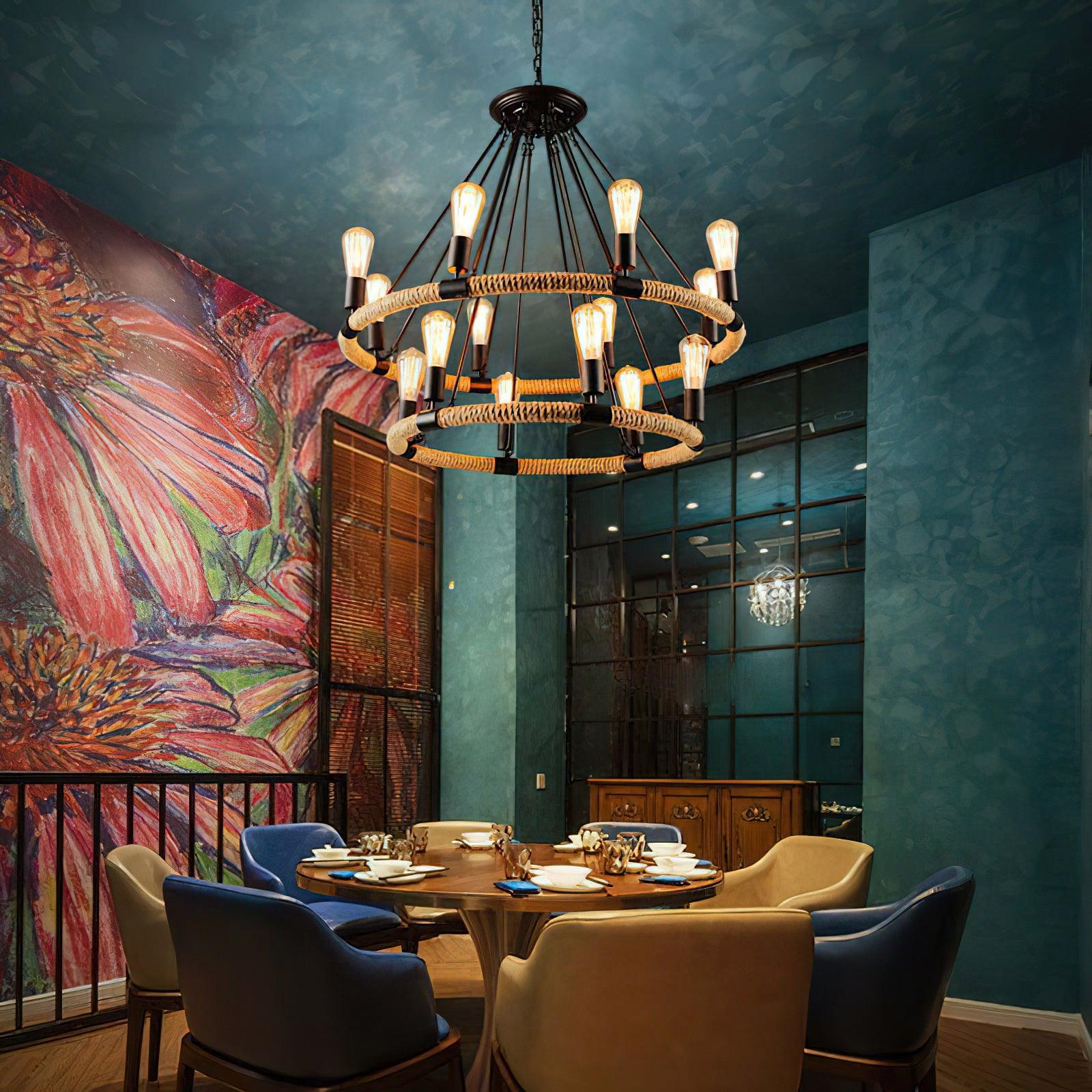 Hemp Rope Industrial Large Circle Chandelier - Blowlighting