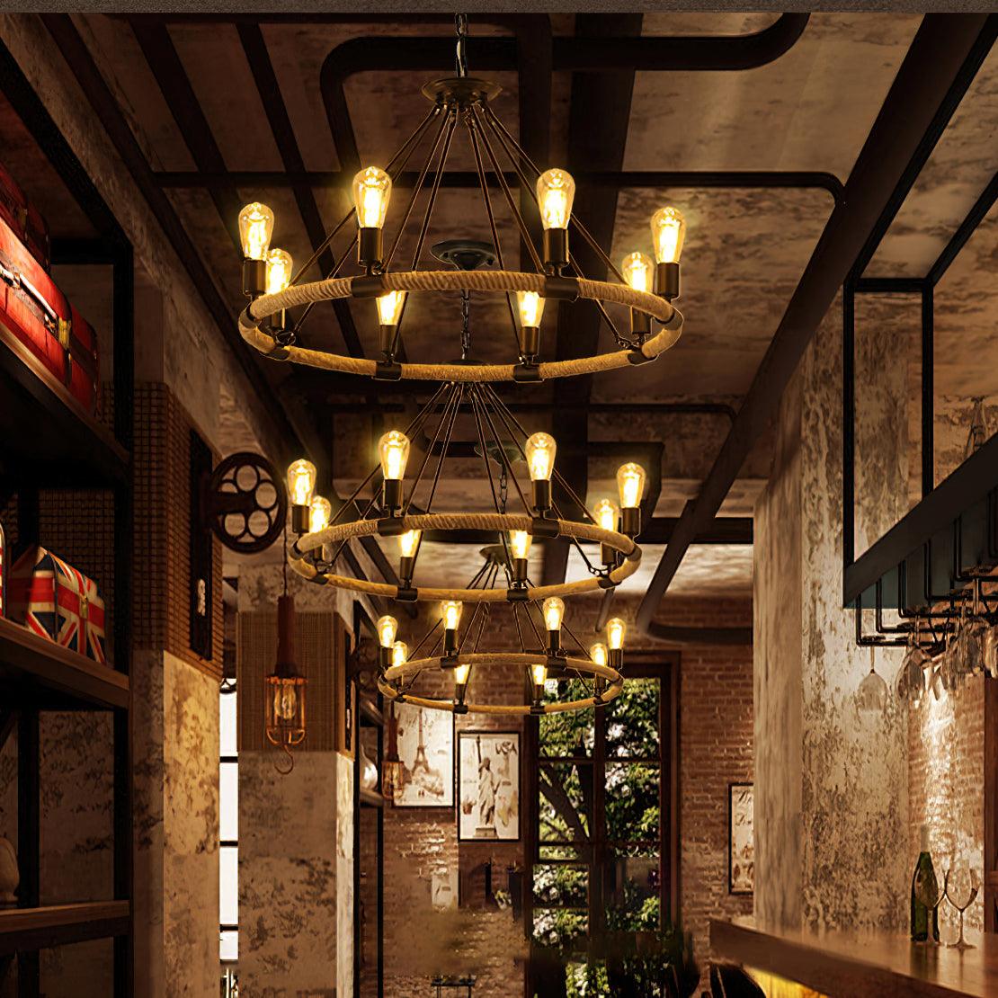 Hemp Rope Industrial Large Circle Chandelier - Blowlighting