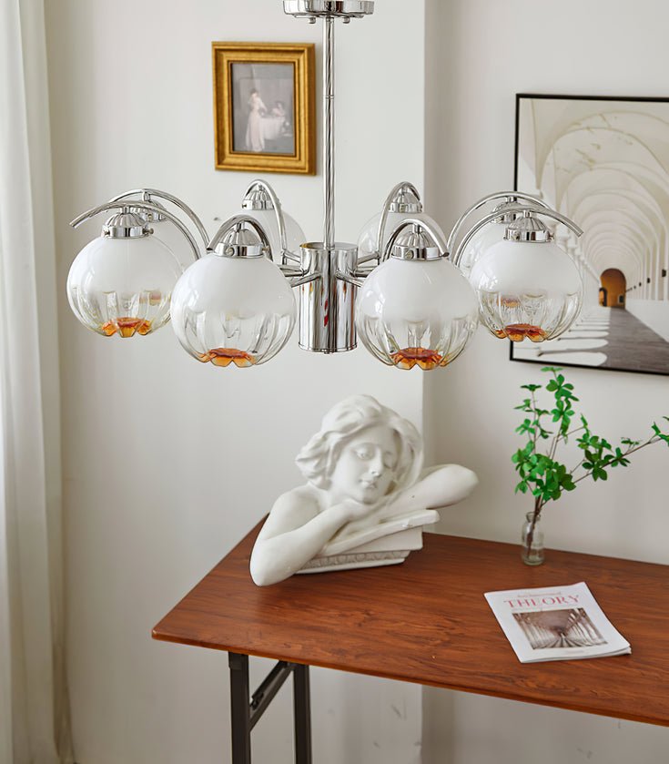 Chandelier Chrome Curved Arms with Frosted Globe Shades - Blowlighting