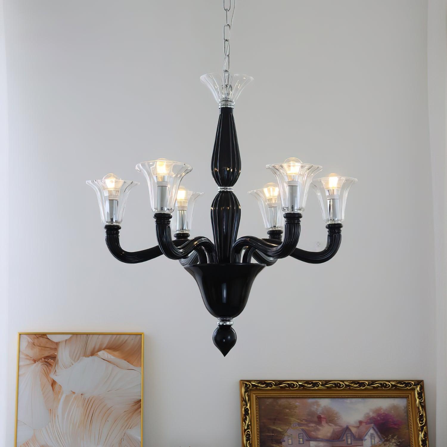 Aurora Chandelier Black Murano Candle Arm Glass Classic - Blowlighting