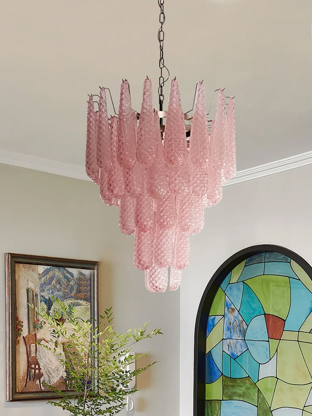 Aurora Chandelier Pink Droplet Murano Glass Diamond Pattern Waterfall - Blowlighting