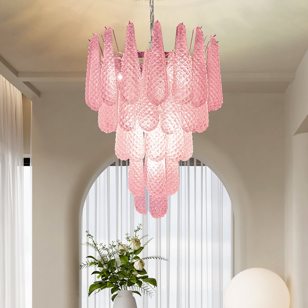 Aurora Chandelier Pink Droplet Murano Glass Diamond Pattern Waterfall - Blowlighting