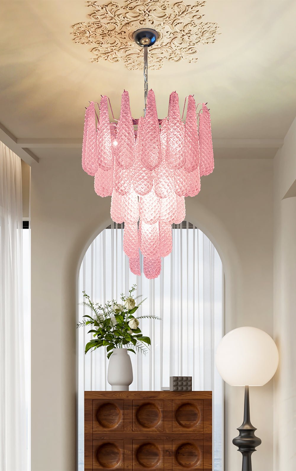 Aurora Chandelier Pink Droplet Murano Glass Diamond Pattern Waterfall - Blowlighting