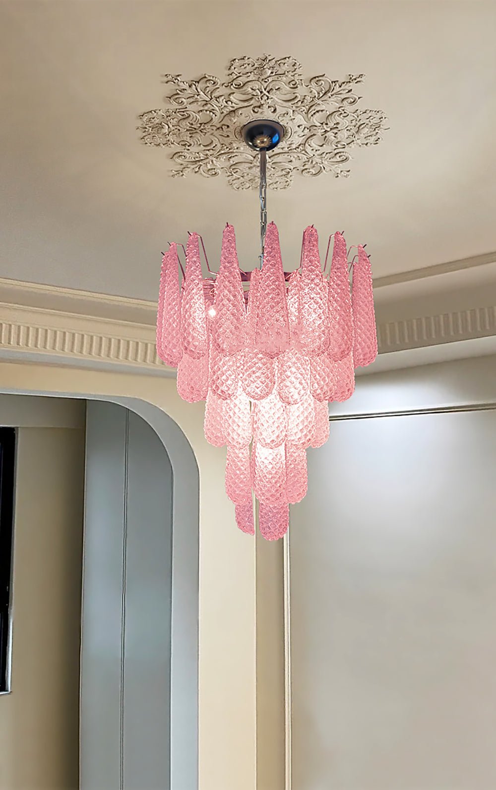 Aurora Chandelier Pink Droplet Murano Glass Diamond Pattern Waterfall - Blowlighting