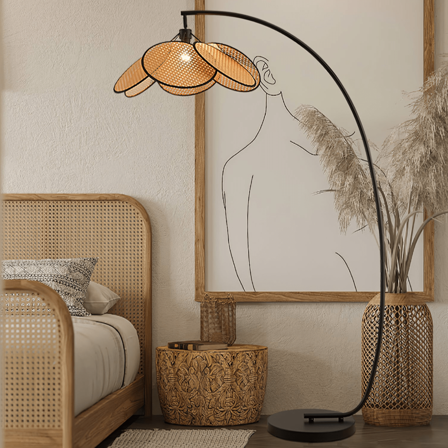 Rattan Bloom Arc Floor Lamp - Blowlighting