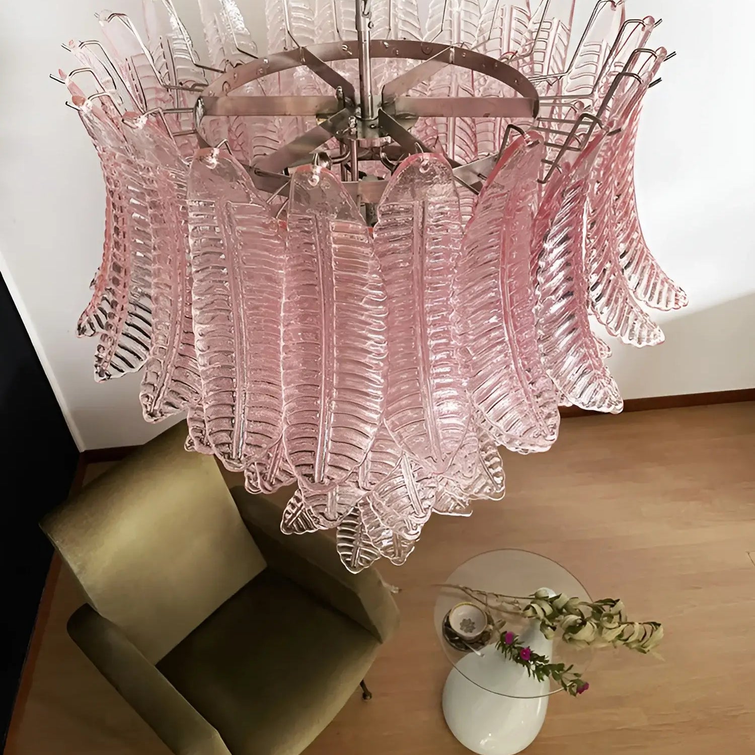 Aurora Chandelier Pink Murano Glass Leaves Cascading Romantic - Blowlighting