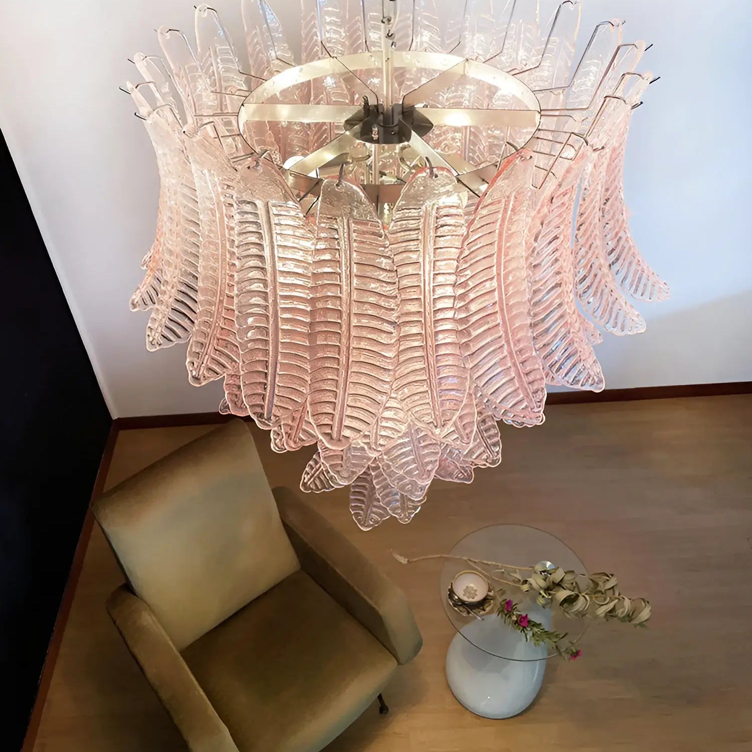 Aurora Chandelier Pink Murano Glass Leaves Cascading Romantic - Blowlighting