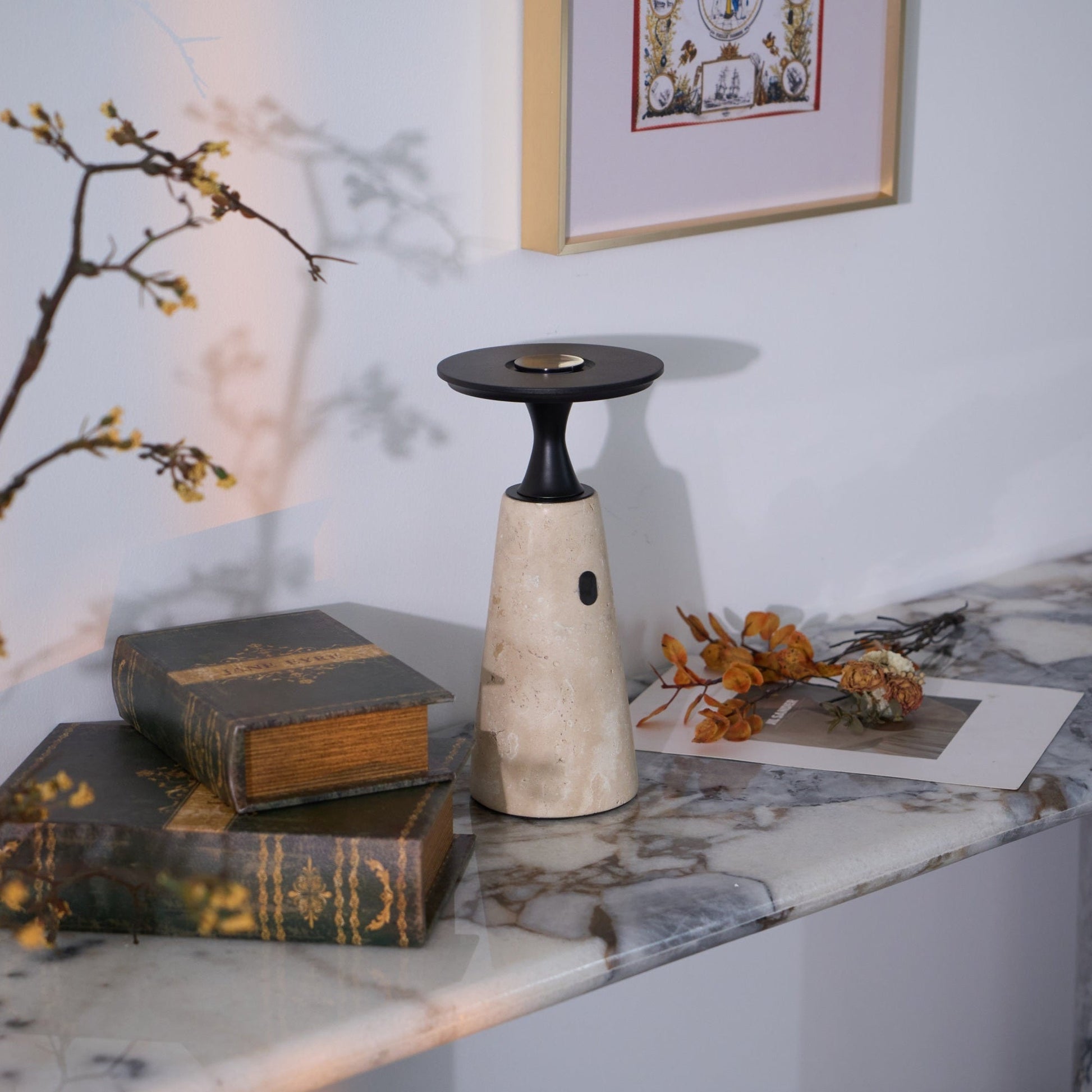 Vespera Sculptural Travertine Table Lamp - Blowlighting