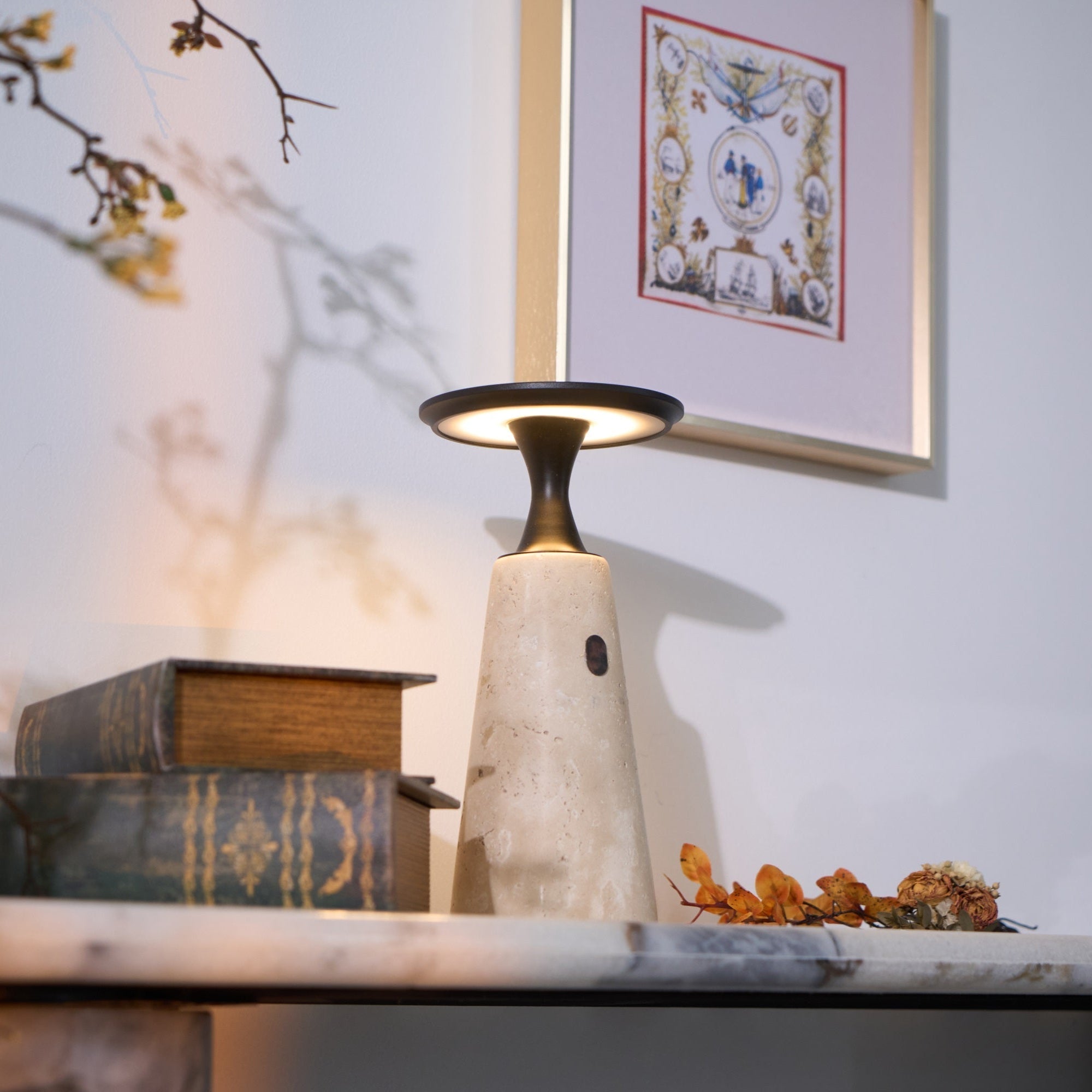 Vespera Sculptural Travertine Table Lamp - Blowlighting