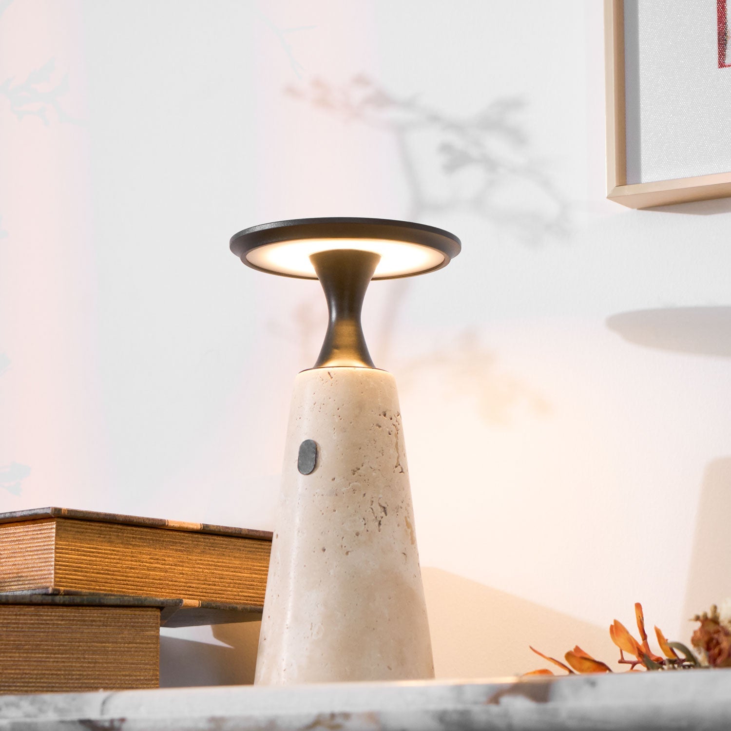 Vespera Sculptural Travertine Table Lamp - Blowlighting