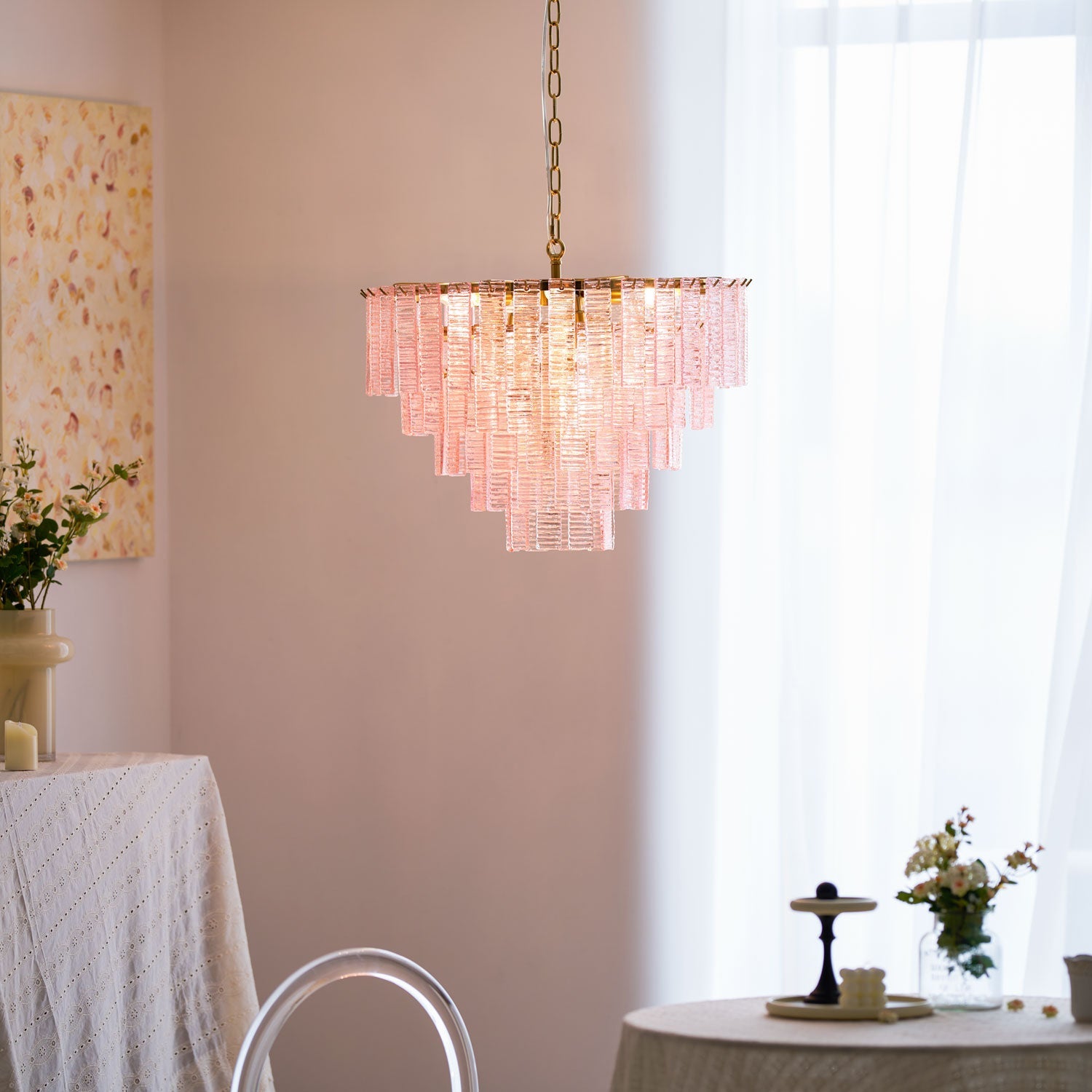 Aurora Chandelier Pink Murano Glass Layered Vintage Luxury - Blowlighting