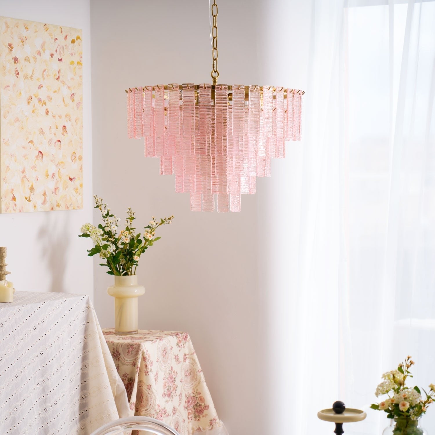 Aurora Chandelier Pink Murano Glass Layered Vintage Luxury - Blowlighting