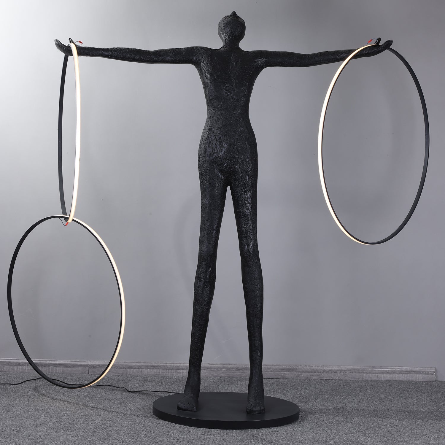 Eclipsa Dual-Ring Sculptural Black Metal Floor Lamp - Blowlighting