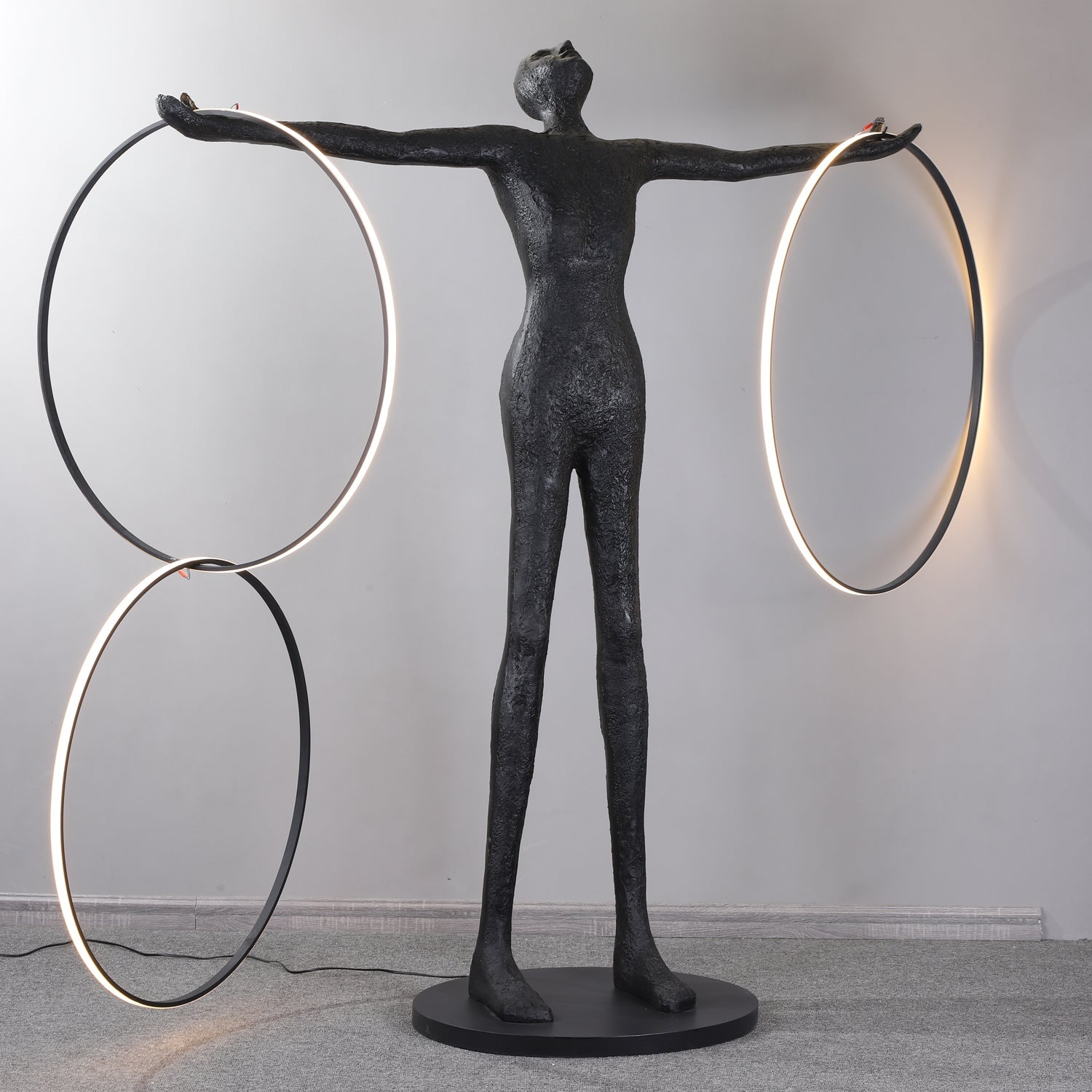 Eclipsa Dual-Ring Sculptural Black Metal Floor Lamp - Blowlighting