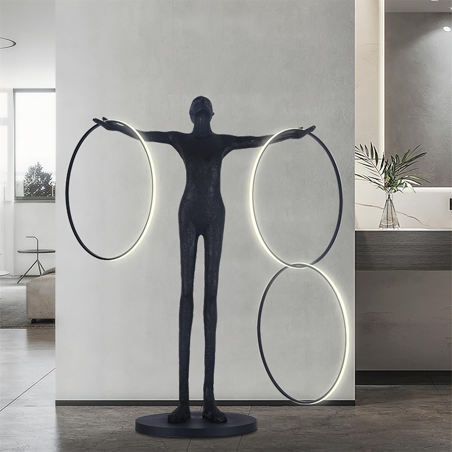 Eclipsa Dual-Ring Sculptural Black Metal Floor Lamp - Blowlighting