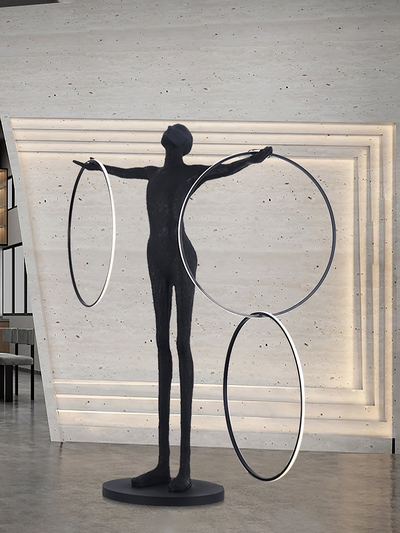 Eclipsa Dual-Ring Sculptural Black Metal Floor Lamp - Blowlighting