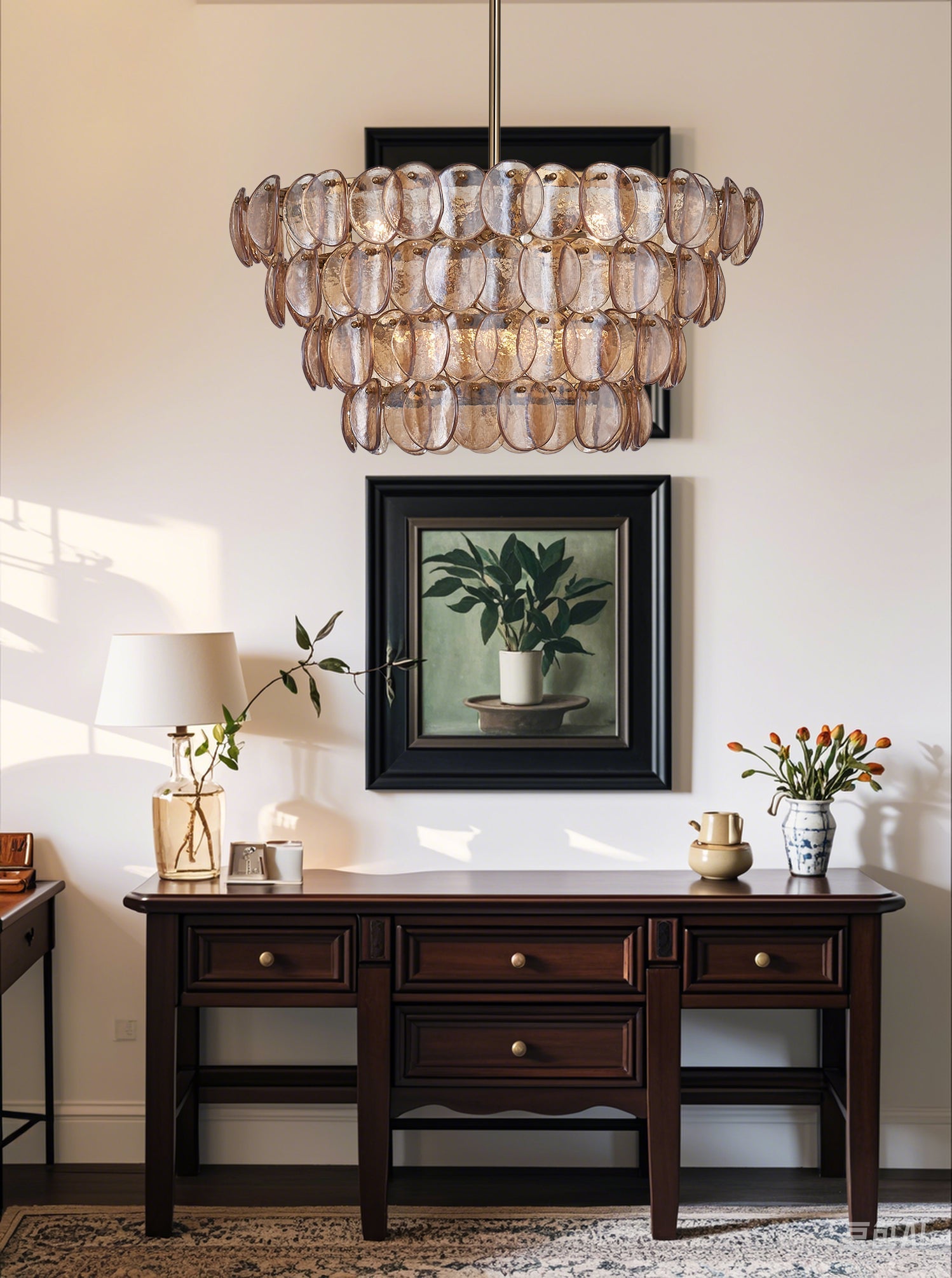 Aurora Chandelier Amber Glass Disc Fish Scale Brass - Blowlighting