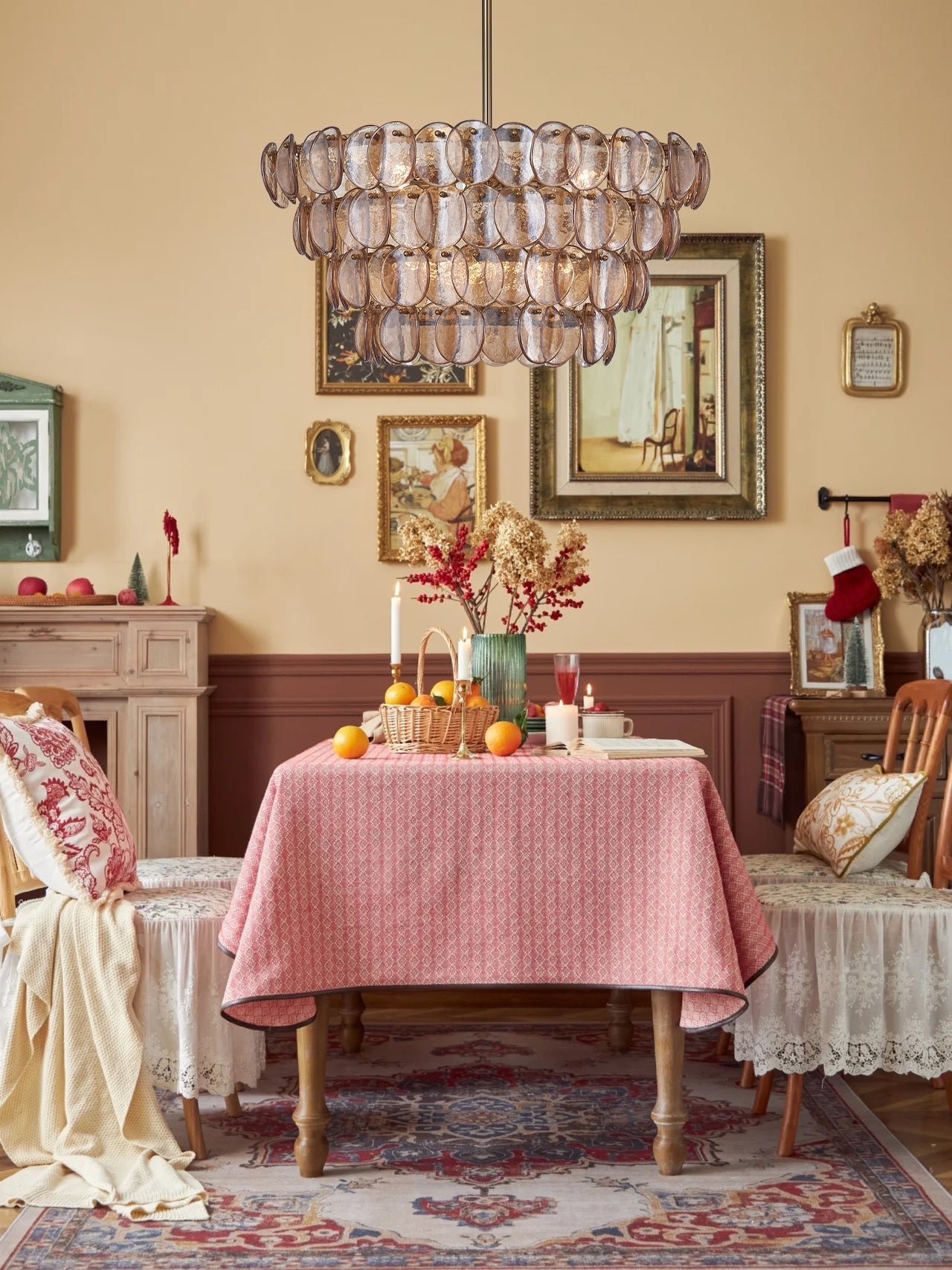 Aurora Chandelier Amber Glass Disc Fish Scale Brass - Blowlighting