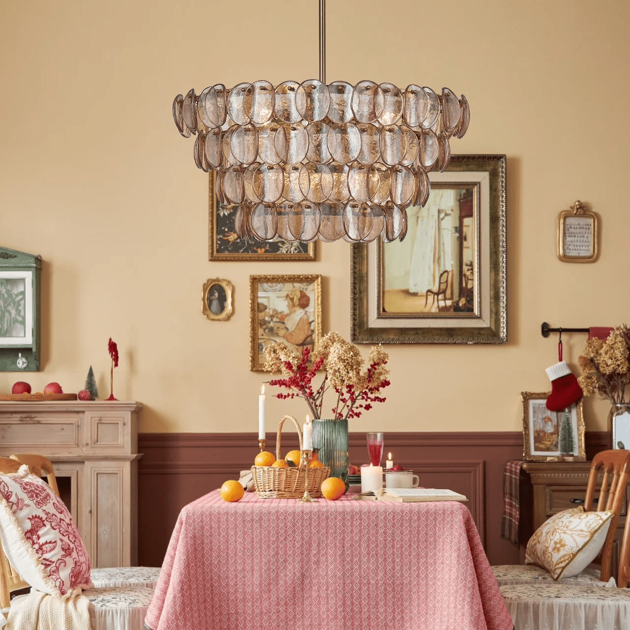 Aurora Chandelier Amber Glass Disc Fish Scale Brass - Blowlighting