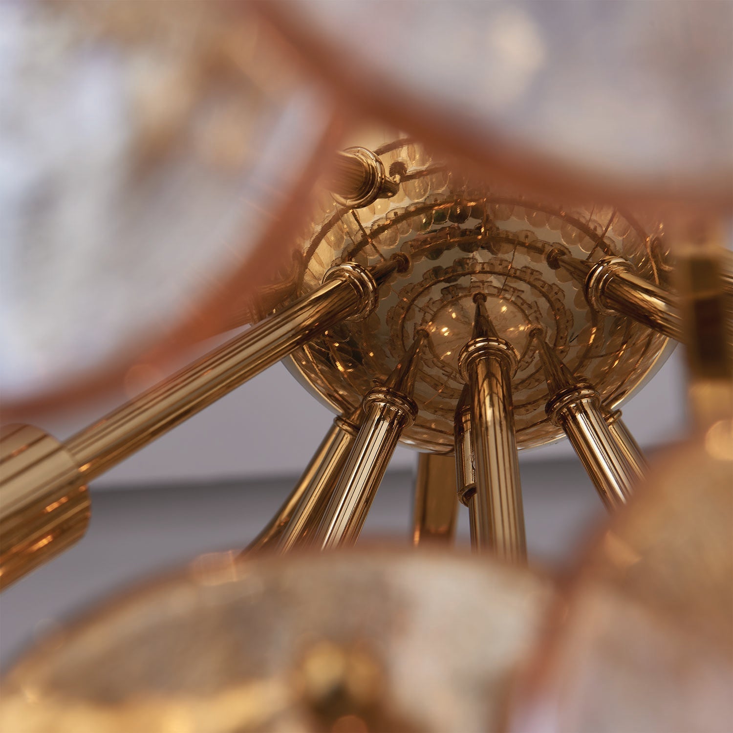 Aurora Chandelier Large Amber Glass Disc Fish Scale Brass - Blowlighting