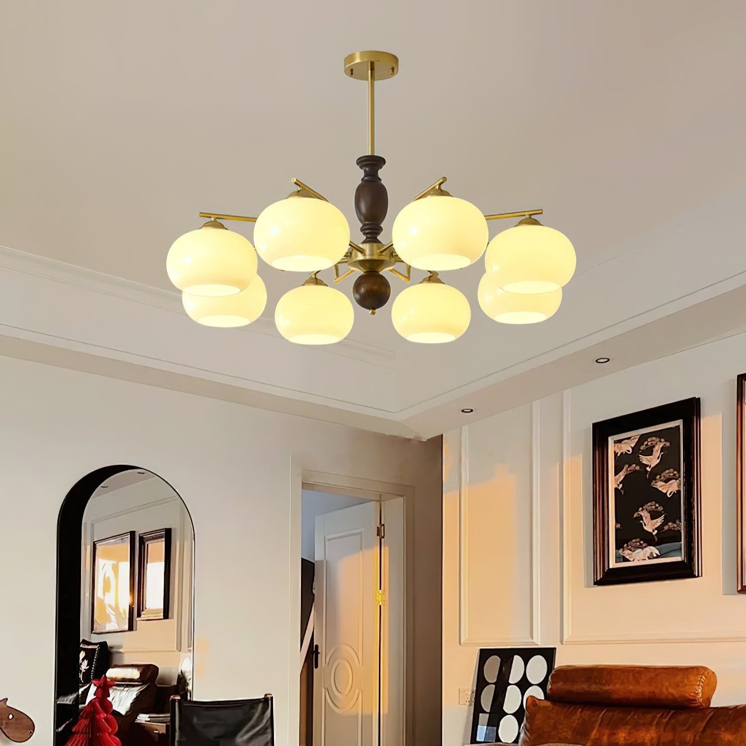 Aurora Chandelier Walnut Beige Orb - Blowlighting