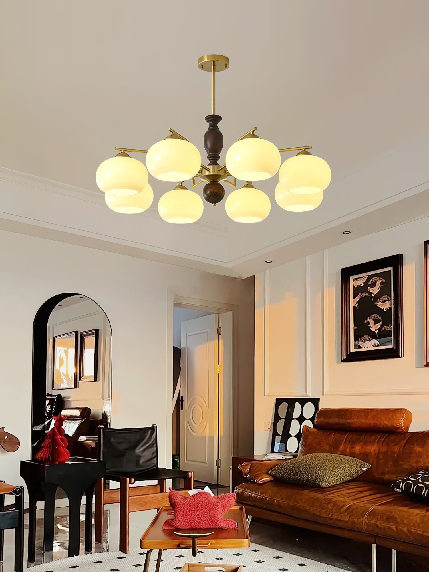 Aurora Chandelier Walnut Beige Orb - Blowlighting