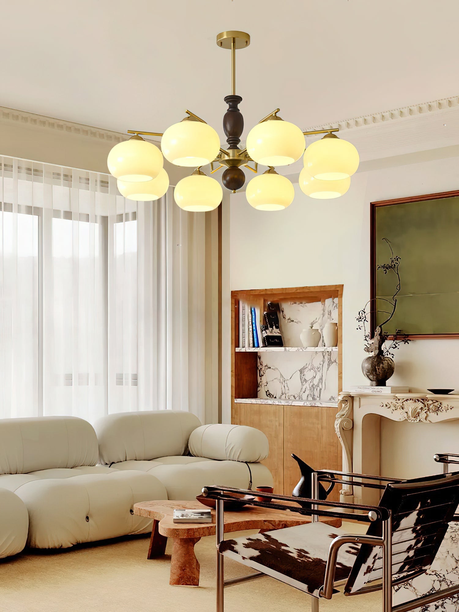 Aurora Chandelier Walnut Beige Orb - Blowlighting
