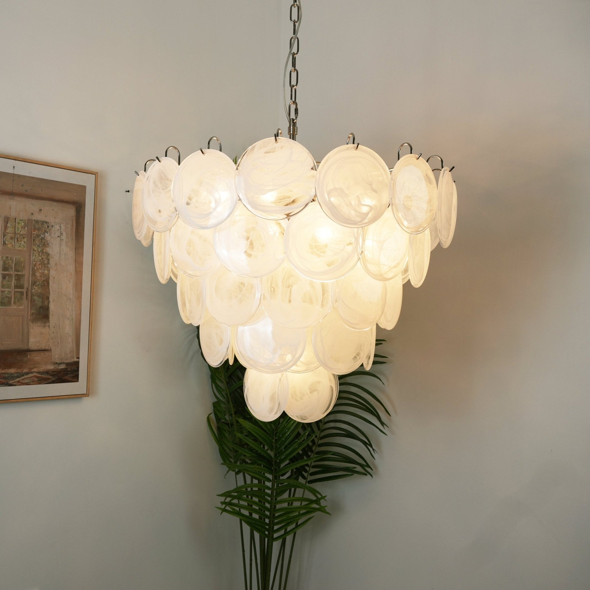 Aurora Chandelier White Murano Glass Disc Contemporary - Blowlighting
