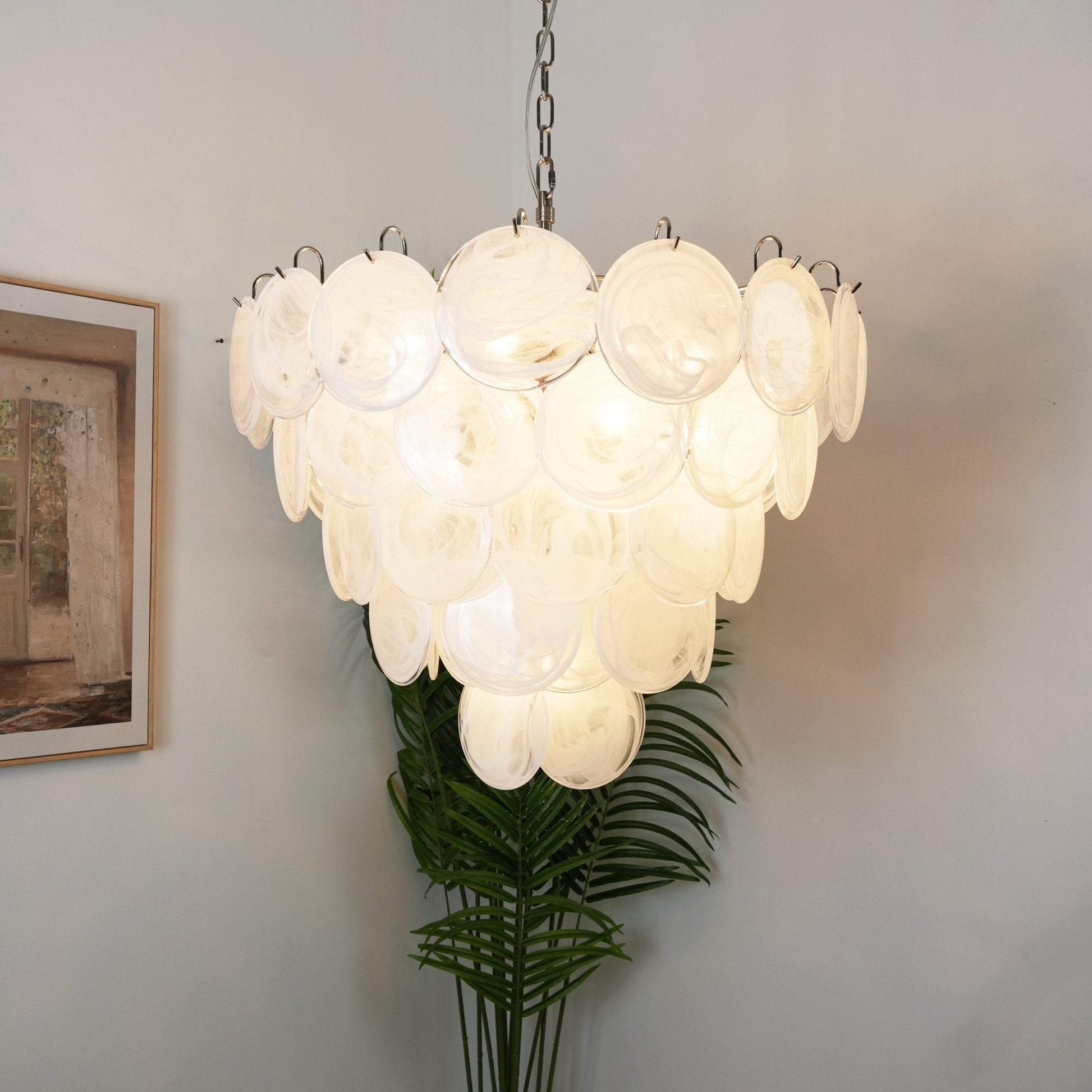 Aurora Chandelier White Murano Glass Disc Contemporary - Blowlighting