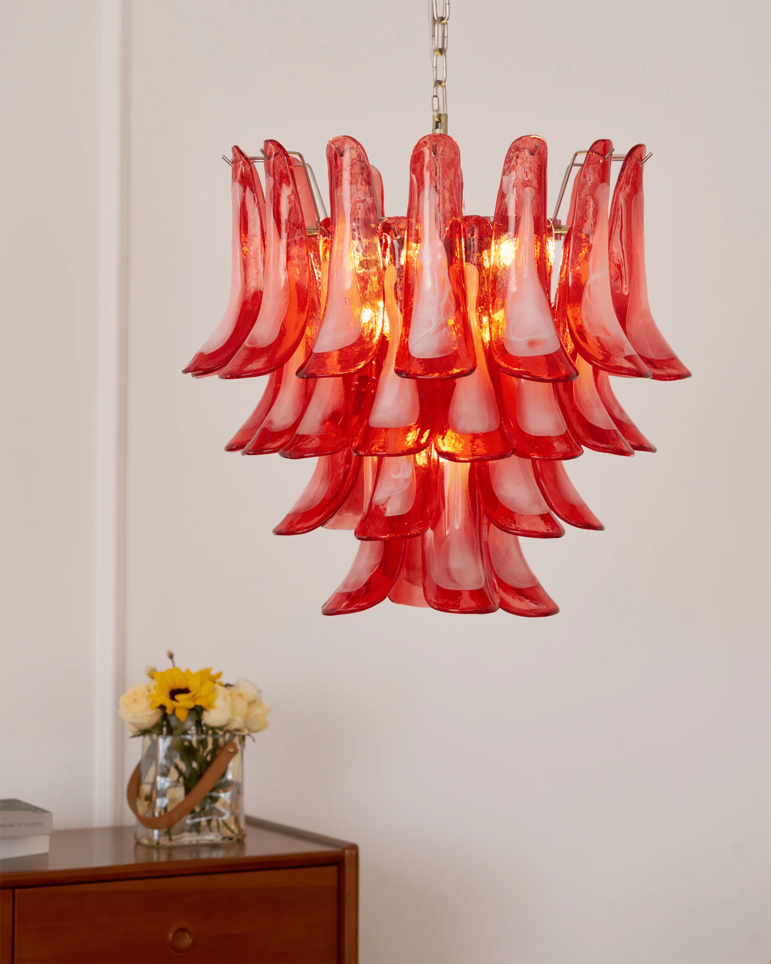 Aurora Chandelier Crimson Murano Glass Petals Layered Vintage - Blowlighting
